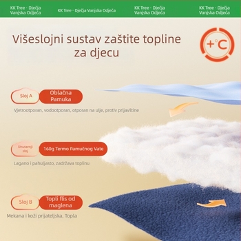 Dječja reverzibilna vesta: vanjska tkanina od poliestera otporna na vjetar, podstava od pamuka, punilo od poliestera; unisex, za jesen i zimu.