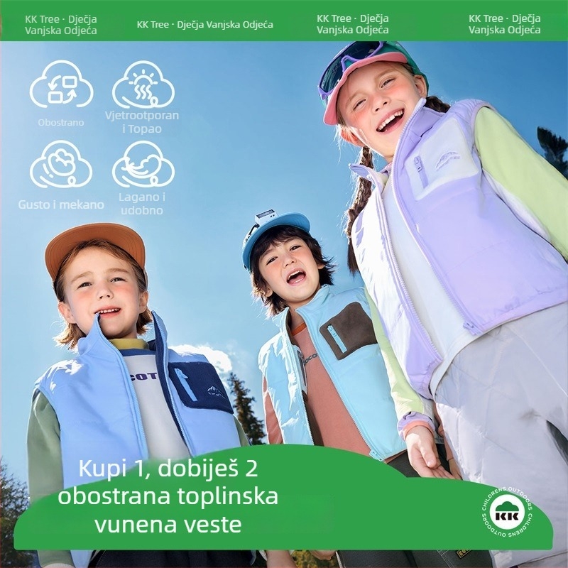 Dječja reverzibilna vesta: vanjska tkanina od poliestera otporna na vjetar, podstava od pamuka, punilo od poliestera; unisex, za jesen i zimu.