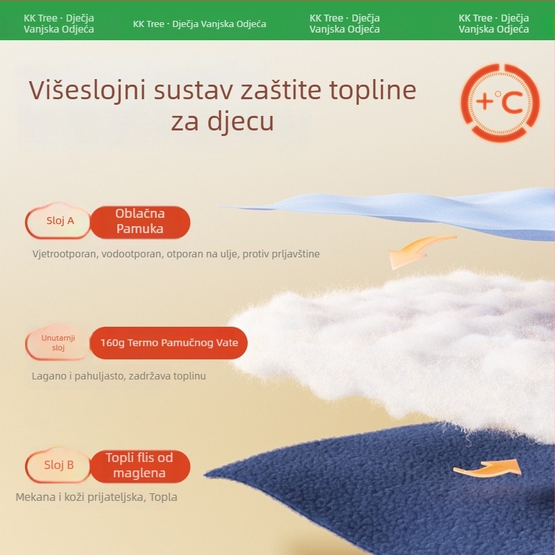 Dječja reverzibilna vesta: vanjska tkanina od poliestera otporna na vjetar, podstava od pamuka, punilo od poliestera; unisex, za jesen i zimu.
