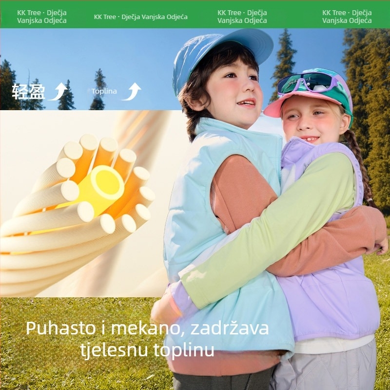 Dječja reverzibilna vesta: vanjska tkanina od poliestera otporna na vjetar, podstava od pamuka, punilo od poliestera; unisex, za jesen i zimu.