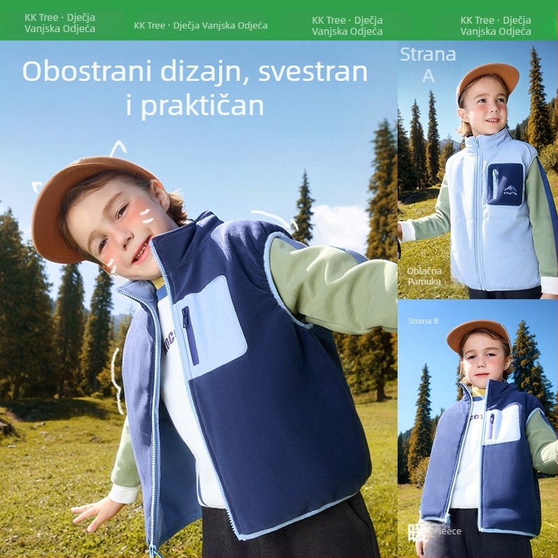 Dječja reverzibilna vesta: vanjska tkanina od poliestera otporna na vjetar, podstava od pamuka, punilo od poliestera; unisex, za jesen i zimu.