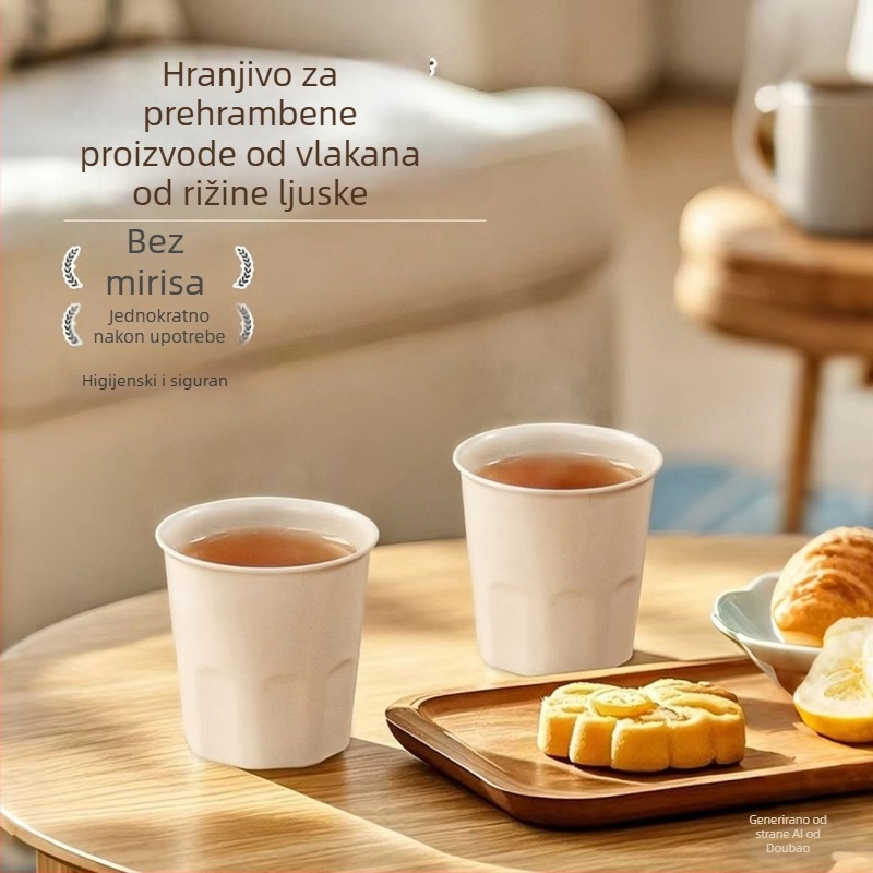 Jednokratna čaša od rižine ljuske, prehrambene kvalitete, kapacitet 101–200 ml, pogodna za mikrovalnu, biološki razgradiva