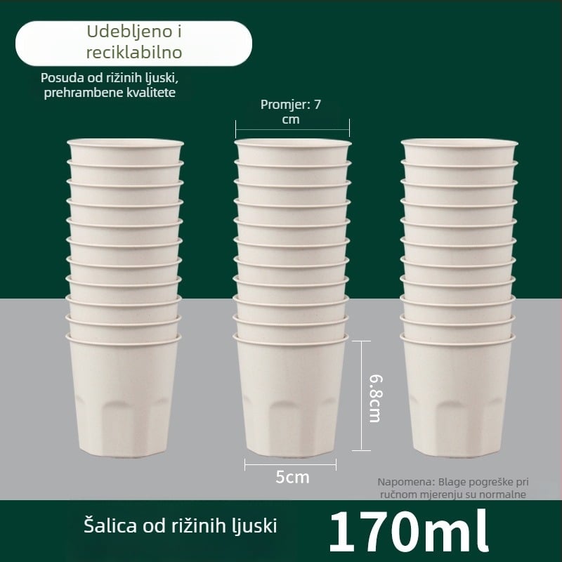 Jednokratna čaša od rižine ljuske, prehrambene kvalitete, kapacitet 101–200 ml, pogodna za mikrovalnu, biološki razgradiva