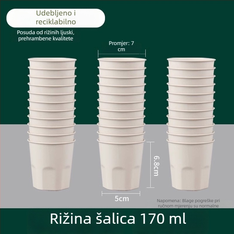 Jednokratna čaša od rižine ljuske, prehrambene kvalitete, kapacitet 101–200 ml, pogodna za mikrovalnu, biološki razgradiva