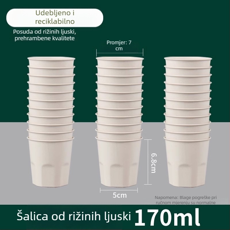 Jednokratna čaša od rižine ljuske, prehrambene kvalitete, kapacitet 101–200 ml, pogodna za mikrovalnu, biološki razgradiva
