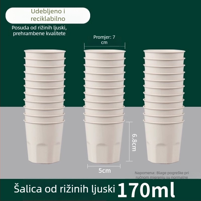 Jednokratna čaša od rižine ljuske, prehrambene kvalitete, kapacitet 101–200 ml, pogodna za mikrovalnu, biološki razgradiva