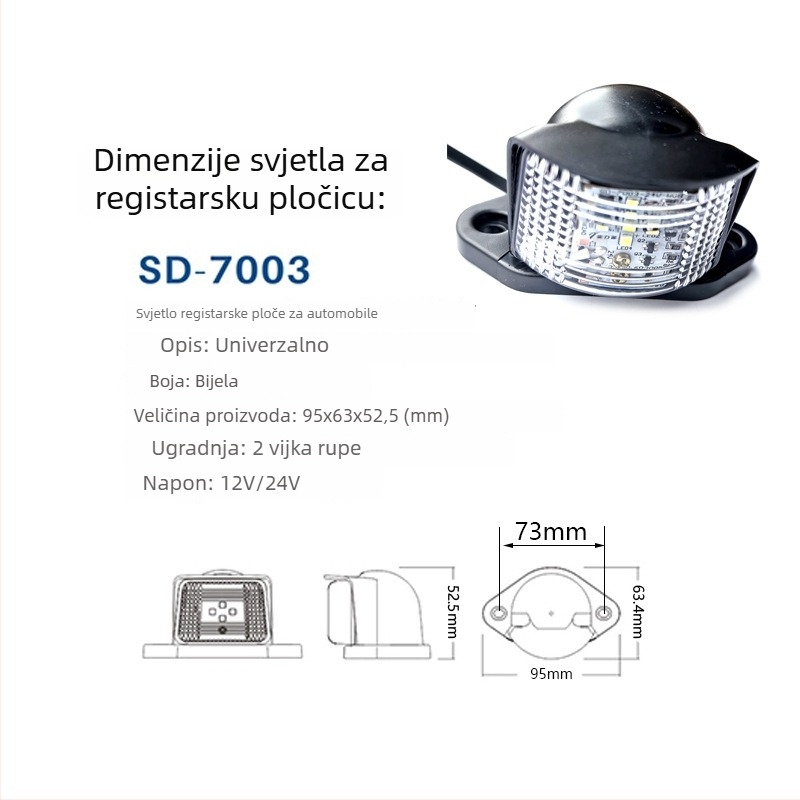 Stražnja svjetiljka za registarsku pločicu, 24V LED, 5W, vodootporna, univerzalna za kamione, autobuse i poluprikolice