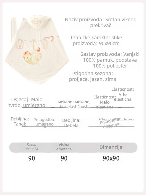 Zavijajuća deka za novorođenče, 100% pamuk, punilo poliester-pamuk, pogodna za proleće, jesen i zimu, za novorođenčad (0-1 godina)