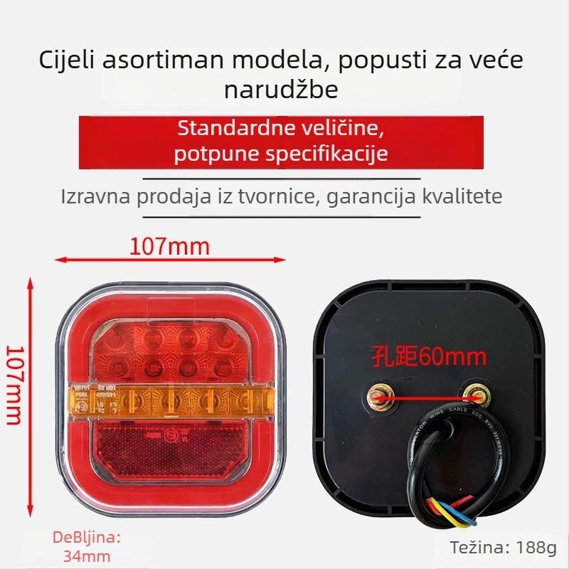 Kvadratna LED stražnja svjetiljka za prikolicu, LED, 12-36V, 0,5A