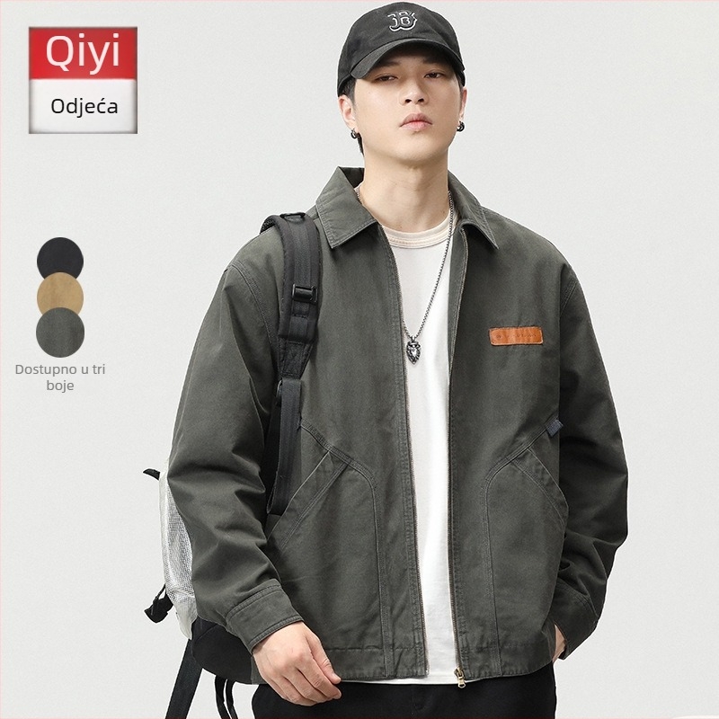 Muška retro radna jakna – vanjski 100% pamuk, zatvarač, rever ovratnik, slobodan kroj, dugi rukavi, podstava poliester