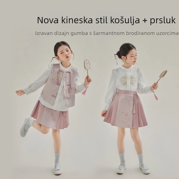 Djevojčice trodijelni satenski kostim u nacionalnom stilu s izvezanom košulom, vestom i suknjom, za proljeće i jesen