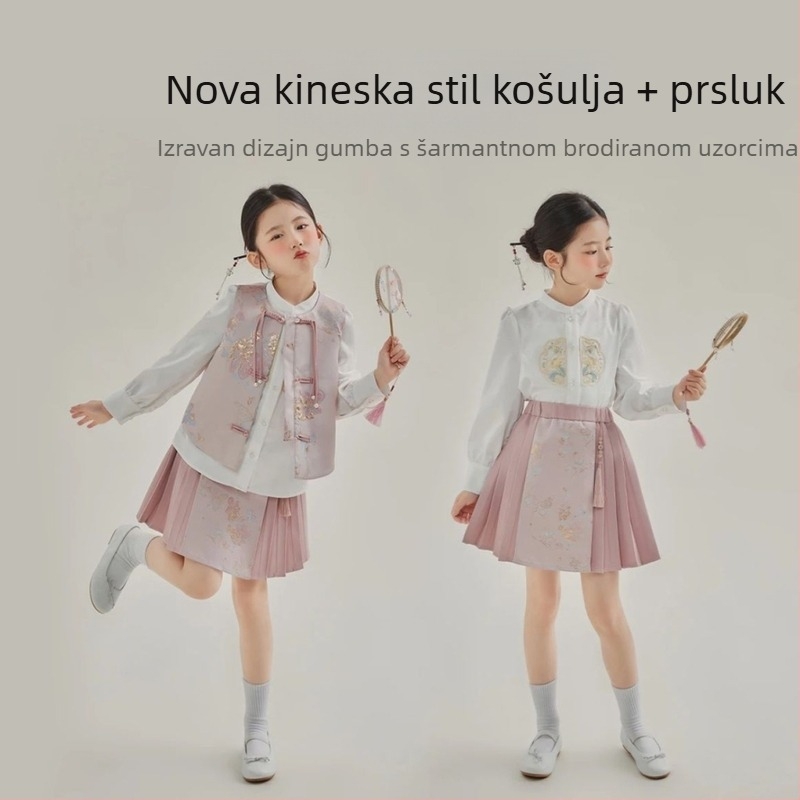 Djevojčice trodijelni satenski kostim u nacionalnom stilu s izvezanom košulom, vestom i suknjom, za proljeće i jesen