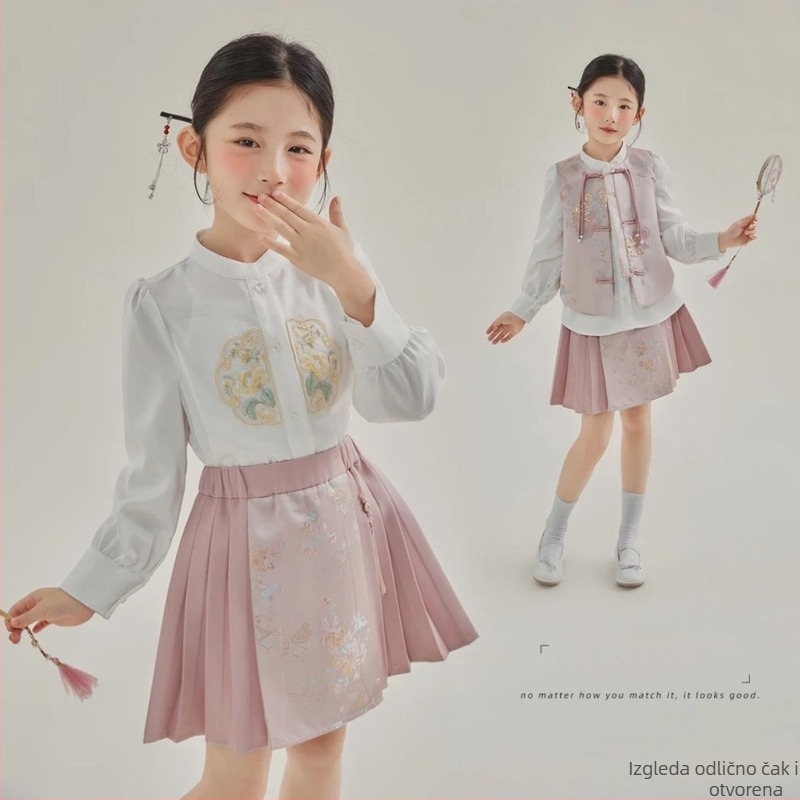 Djevojčice trodijelni satenski kostim u nacionalnom stilu s izvezanom košulom, vestom i suknjom, za proljeće i jesen