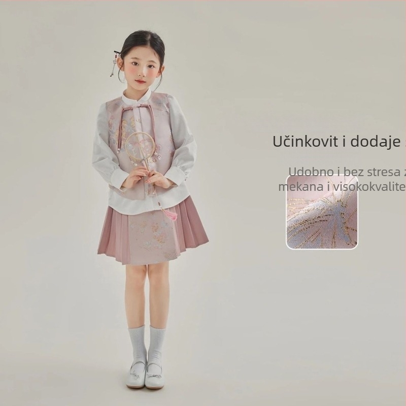 Djevojčice trodijelni satenski kostim u nacionalnom stilu s izvezanom košulom, vestom i suknjom, za proljeće i jesen