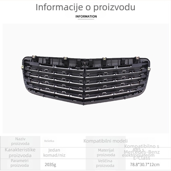 Središnja prednja rešetka za Mercedes-Benz E-Class W211 (dio 211 880 1783) Materijal: elektroplating; Instalacija: prednji branik; Dimenzije: 79×30×12 mm; Težina: 2.035 kg