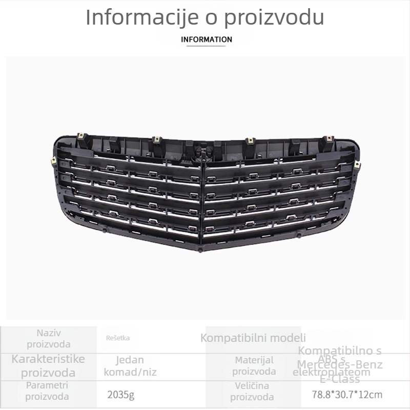 Središnja prednja rešetka za Mercedes-Benz E-Class W211 (dio 211 880 1783) Materijal: elektroplating; Instalacija: prednji branik; Dimenzije: 79×30×12 mm; Težina: 2.035 kg
