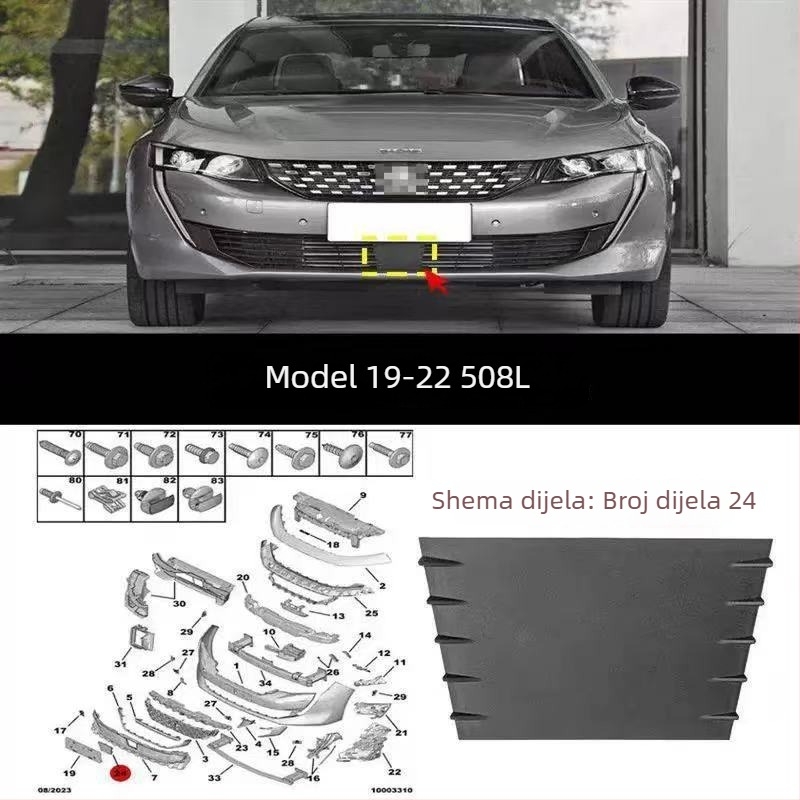 Donji srednji poklopac rešetke za Peugeot 508L, ABS plast, ugradnja na branik, modeli 2019-2023