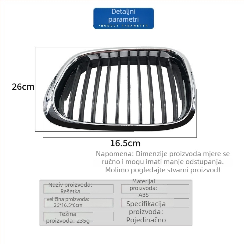 BMW E39 5. serije Prednja rešetka za protok zraka na prednjem braniku, ABS plastika, za radiator, za modele 2000–2003, 520i/523i/525i/528i/530i