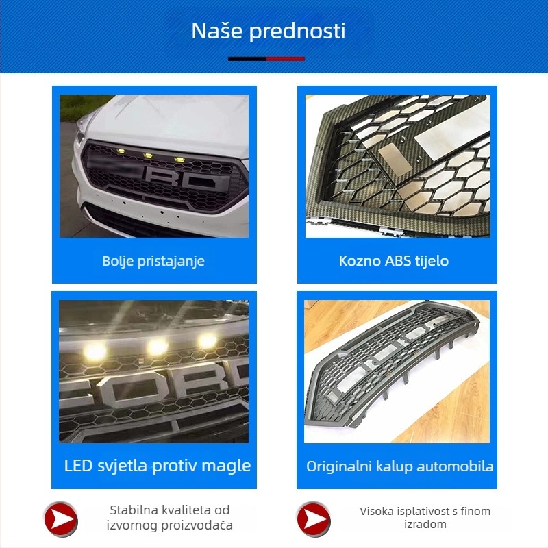 Prednja rešetka za Ford Edge, Escape, Everest i Explorer — Langspie; Materijal: ABS plastika; Kompatibilni modeli: Edge, Escape, Everest, Explorer; Dijelni broj: Ruijie net; Mjenjač: automatski