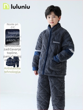 Dječje zimske pidžame za dječake, quilted poliester, 100% poliester, debela tkanina, ležerni stil, čuva toplinu