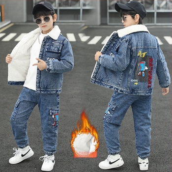 Dvodjelni dječji denim set s kapuljom, podstavljen flisom, debeo zimski stil, korejski dizajn