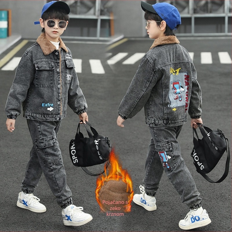 Dvodjelni dječji denim set s kapuljom, podstavljen flisom, debeo zimski stil, korejski dizajn