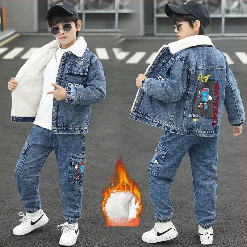 Dvodjelni dječji denim set s kapuljom, podstavljen flisom, debeo zimski stil, korejski dizajn