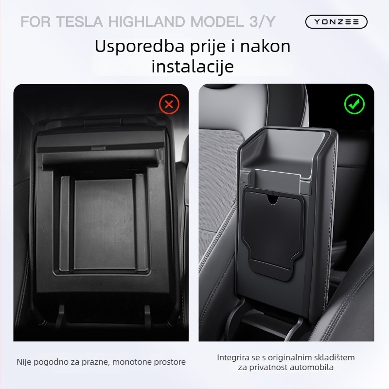 Kutija za pohranu u središnjoj konzoli za Tesla Model 3/Y – plastični unutarnji organizator, kompatibilan s Model 3/Y, montaža bez oštećenja