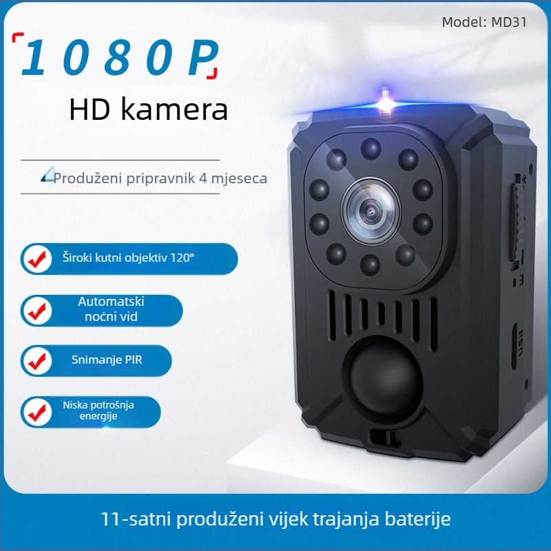 MD31 infracrvena kamera za nadzor s PIR senzorom, HD noćni vid, napajanje 5V, radna temperatura 0–40°C, IR domet 3–5 m