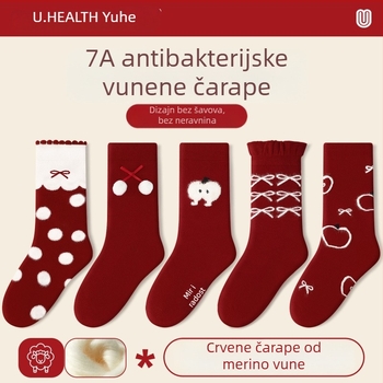 Dječje čarape za jesen i zimu, crvene, debeli vuneni čarape do srednje potkoljenice, s izšivanjem