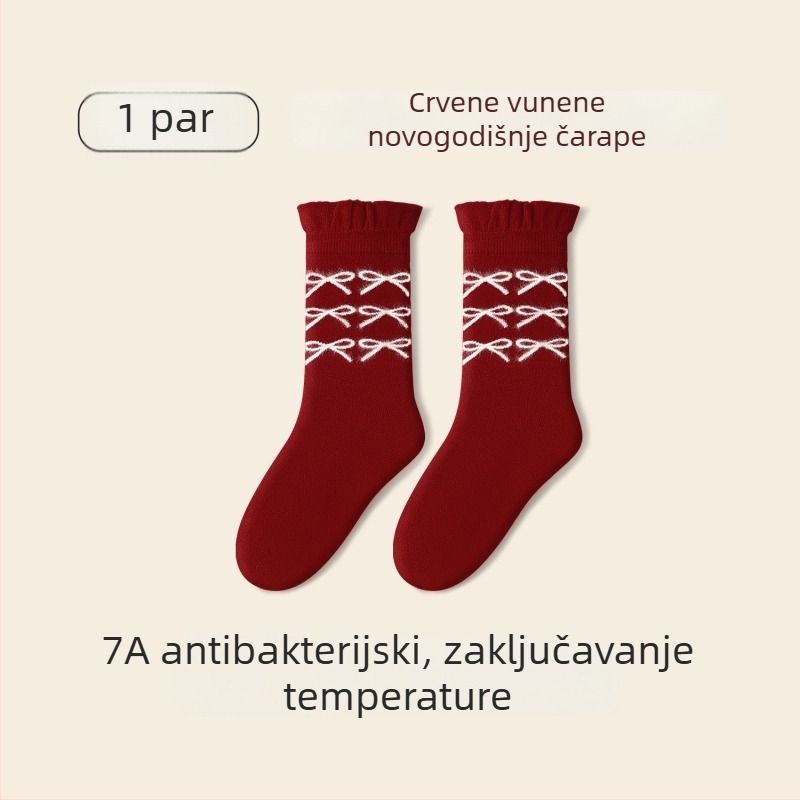 Dječje čarape za jesen i zimu, crvene, debeli vuneni čarape do srednje potkoljenice, s izšivanjem