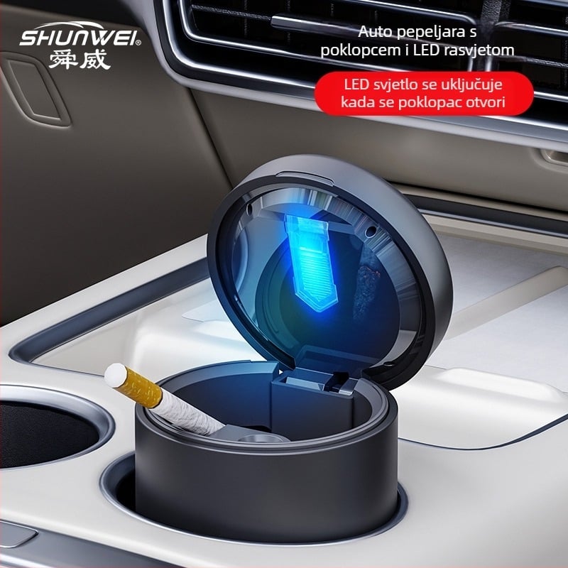 Automobilski pepeljara s poklopcem i LED svjetlom, plastična, model SD-1204, težina 113 g, za kućnu i automobilsku upotrebu, mogućnost prilagodbe
