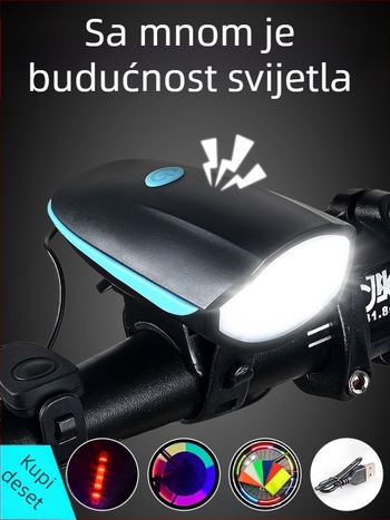 Prednja biciklistička svjetiljka s punjivom baterijom za noćnu vožnju, jasna LED dioda za MTB i ugrađeni glasni zvon
