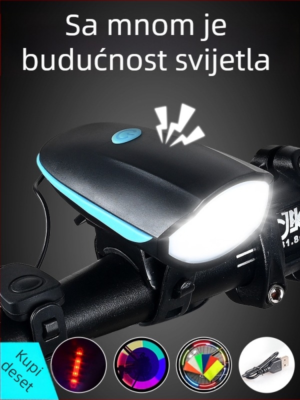 Prednja biciklistička svjetiljka s punjivom baterijom za noćnu vožnju, jasna LED dioda za MTB i ugrađeni glasni zvon