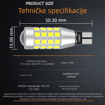 Zadnje svjetlo za vožnju unatrag automobila T15-2835-40w-fpc-tj canbus, 12–24V DC, 7W, 1000 lm, 6000–7000K, s lećom