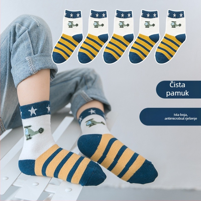 Dječje čarape za dječake, s karikaturnim uzorkom, pamuk, srednje dužine, tople za zimu i proljeće-jesen, protiv mirisa, 5 pari