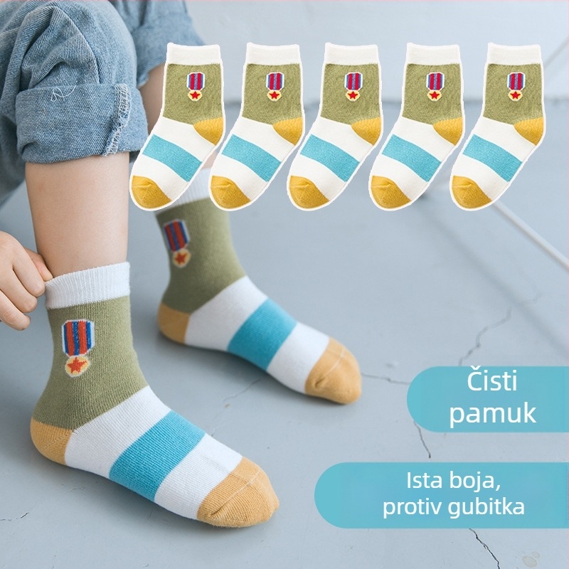 Dječje čarape za dječake, s karikaturnim uzorkom, pamuk, srednje dužine, tople za zimu i proljeće-jesen, protiv mirisa, 5 pari