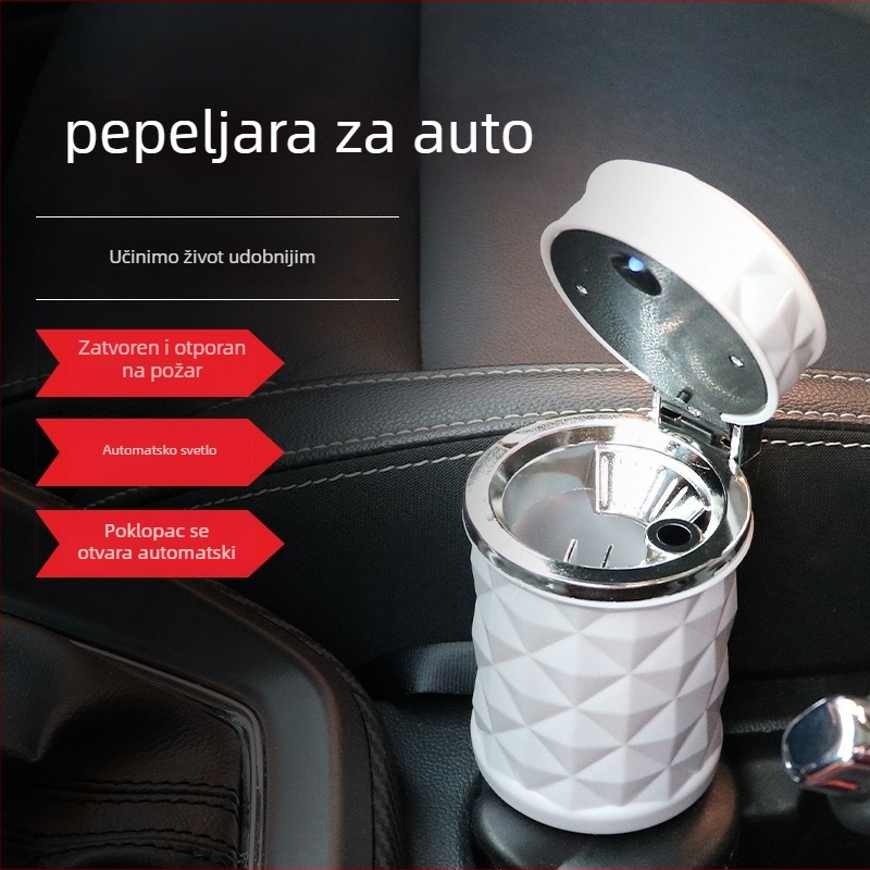 Automobilski pepelnjak s dijamantno izrezanom površinom, LED svjetlo, izlaz zraka otporan na visoke temperature — plastika, 100 g