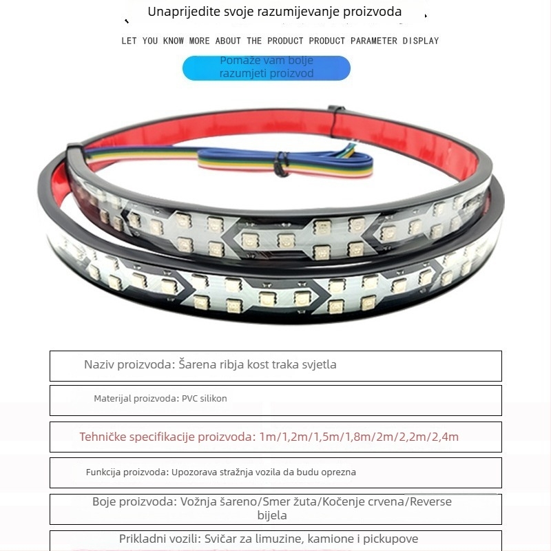 Zadnje svjetlo za automobile i kamione s dizajnom fishbone, šareni tekući LED svjetla, sekvencijalne kočnice i svjetla za skretanje (YALEYIDI; 15W; 12-24V; Model: Symphony small fish bones; Univerzalna kompatibilnost)