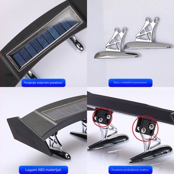 Univerzalni mini stražnji spojler s LED svjetlom i solarnim napajanjem – model Solar tail; 12V, 3W, 0,5A, vijek trajanja 50 000 h.