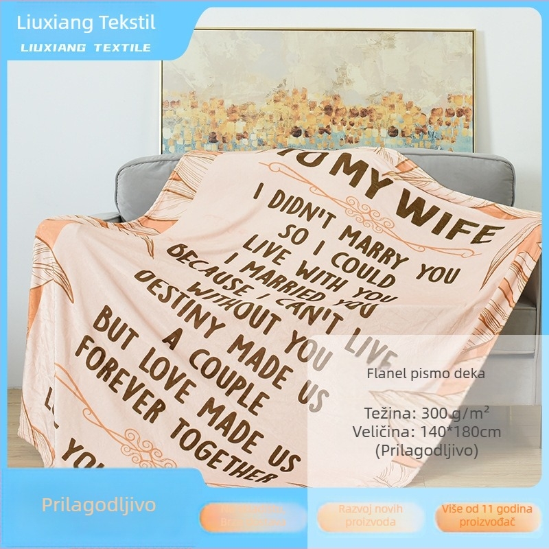 Prilagođena flanel deka s printom engleskih slova, moderni minimalistički stil, dvostrani fleece, kućni tekstil