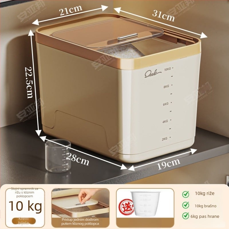 Kutija za skladištenje riže – otporna na vlagu i štetne insekte, polipropilen (PP), kapacitet 10 L ili više, jednostavan moderni dizajn
