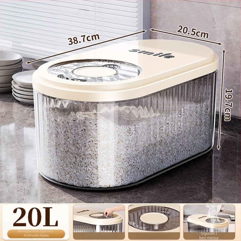 Posuda za rižu s kliznim poklopcem, 30 L, prehrambenog PP plasta, zapečaćena, zaštita od vlage i insekata