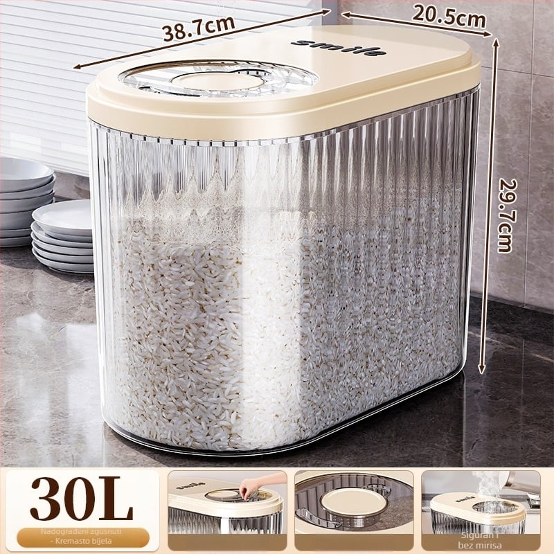 Posuda za rižu s kliznim poklopcem, 30 L, prehrambenog PP plasta, zapečaćena, zaštita od vlage i insekata