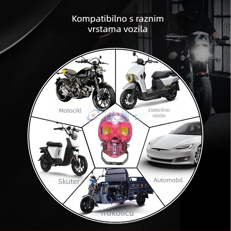 Motociklistički LED reflektor s lobanjom, dvostruka zraka i bljesak, 18W, 12-80V, 3000-4500 lm, aluminijsko kućište, trajanje 50 000 sati