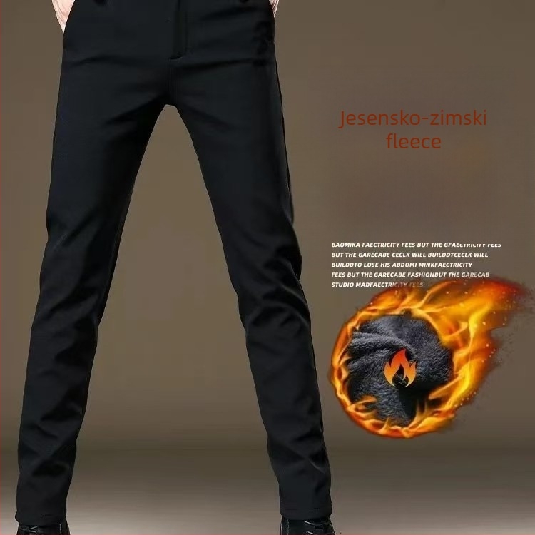 Muške hlače poslovno casual kroja s flis podstavom, bez glačanja, korejskog stila, zima