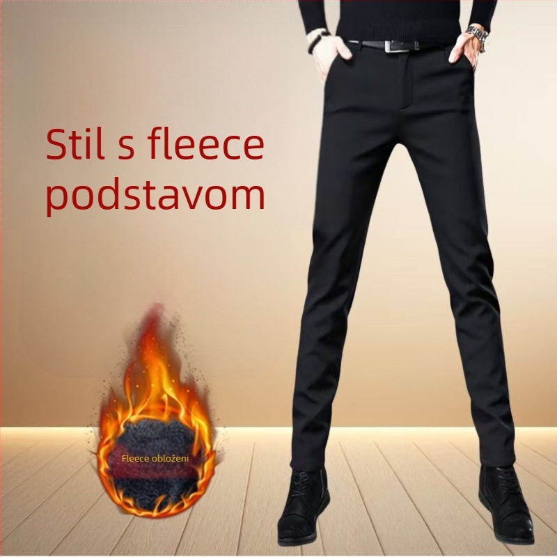 Muške hlače poslovno casual kroja s flis podstavom, bez glačanja, korejskog stila, zima