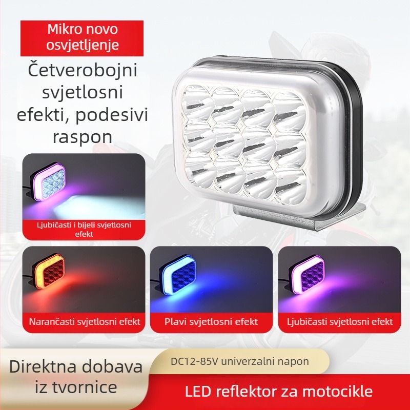 LED svjetlo za motocikl – kvadratni 12‑LED reflektor, dugi i kratki snop, H4 leća, 15W, 12‑85V