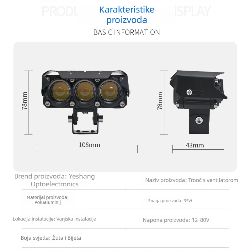 Motociklistički LED reflektor s križnim lećama, tri LED-ova s ventilatorom, 35W, 12-80V