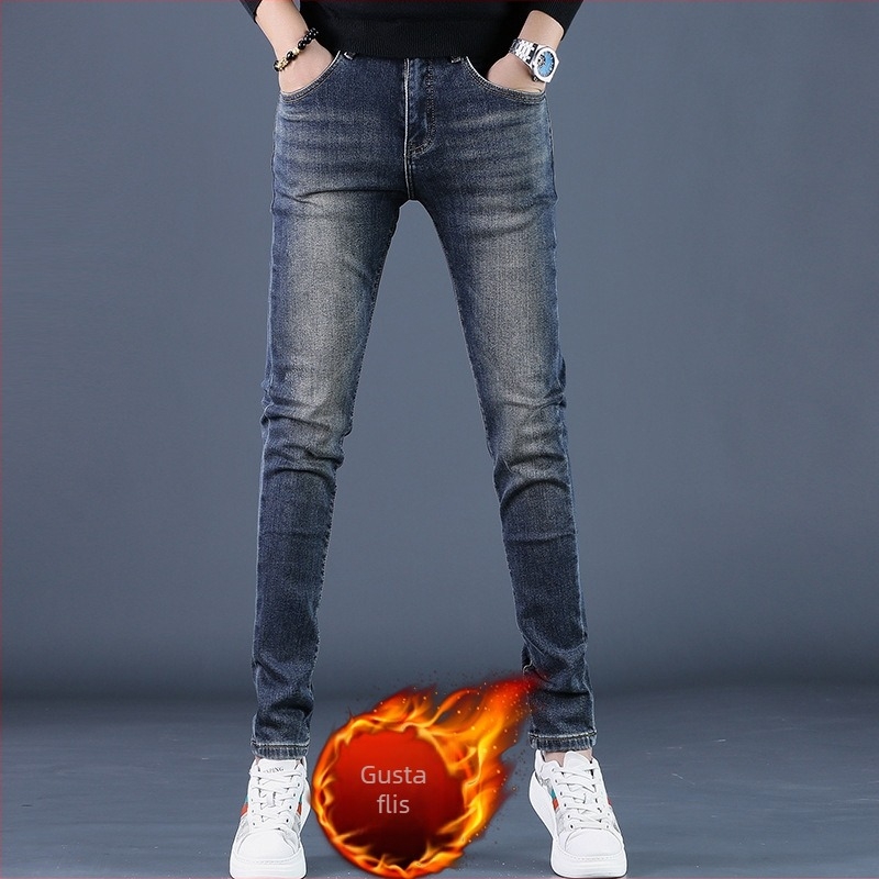 Muške traperice s fleec podstavom, slim-fit kroj, uski kroj, srednji pojas, mikroelastičnost